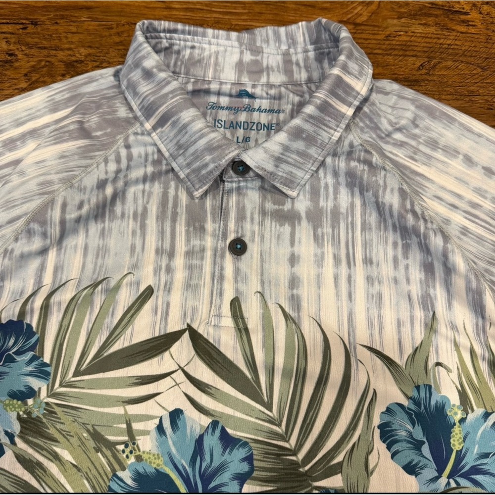 Tommy Bahama Gray Floral IslandZone Performance Casual‎ Golf Polo Shirt Men's L